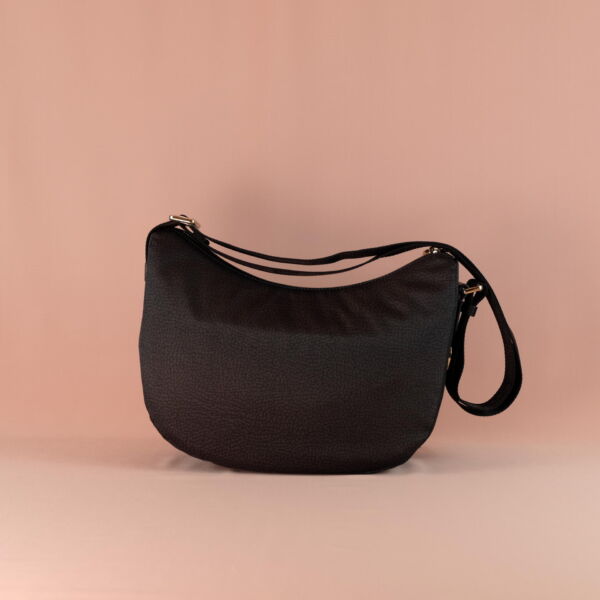 Borbonese Luna Bag small in nylon ecosostenibile op colore nero, tracollaa esterna e tracolla in tessuto logato