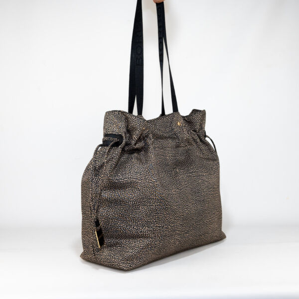 Borbonese shopping bag nylon op classic misura large manici in pelle op classic chiusura con doppia coulisse