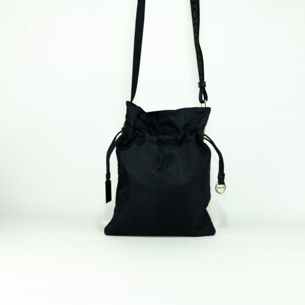 Borbonese mini tracolla cross over nera in nylon eco e pelle, misura small con tracolla e chiusura con doppia coulisse