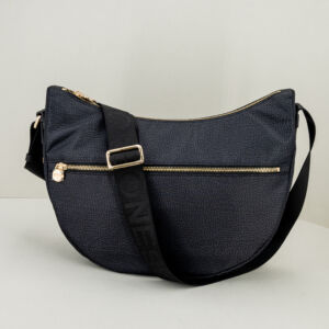 Borbonese Luna Bag middle nera con zip e tracolla regolabile in tessuto. Borsa donna leggera e comoda