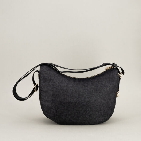 Borbonese Luna Bag small nera con tracolla in tessuto regolabile, cerniera superiore e tasca esterna con cerniera. In nylon op classic ecosostenibile e finiture in pelle.