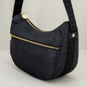 Borbonese Luna Bag small nera con zip e tracolla regolabile in tessuto. Borsa donna leggera e comoda