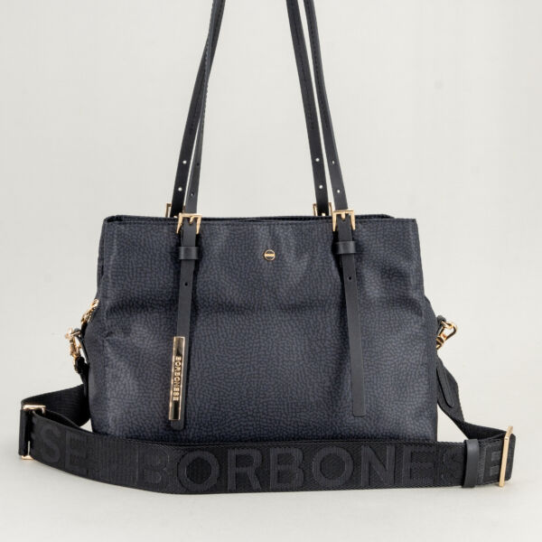 Borbonese borsa shopping nera op doppi manici in pelle lunghi, tracolla in tessuto regolabile e removibile. Chiusura supeiore con zip. Borsa donna Borbonese grande
