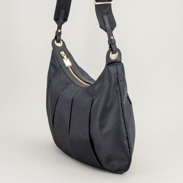 Borbonese borsa hobo medium nera con tracolla in tessuto regolabile e removibile. Borsa donna da portare a spalla o tracolla. Ampia e leggera