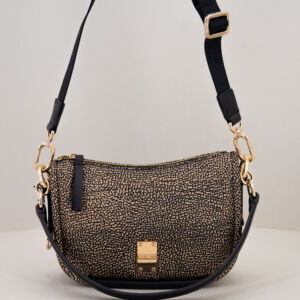 Borbonese borsa tracolla con spalloccio op natural e nero. Misura medium, elegante e pratica. Da portare a spalla, tracolla o a mano