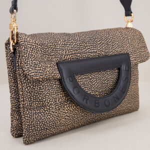 Borbonese borsa tracolla piccola op natural e dettagli in pelle nera. Piccola borsa donna elegante con patta e doppio scomparto. Tracolla regolabile e removibile.