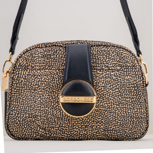 Borbonese borsa tracolla camera case op natural e pelle nera. Tracolla in tessuto regolabile e removibile, borsa dal look elegante.