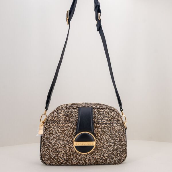 Borbonese borsa tracolla camera case op natural e pelle nera. Tracolla in tessuto regolabile e removibile, borsa dal look elegante.