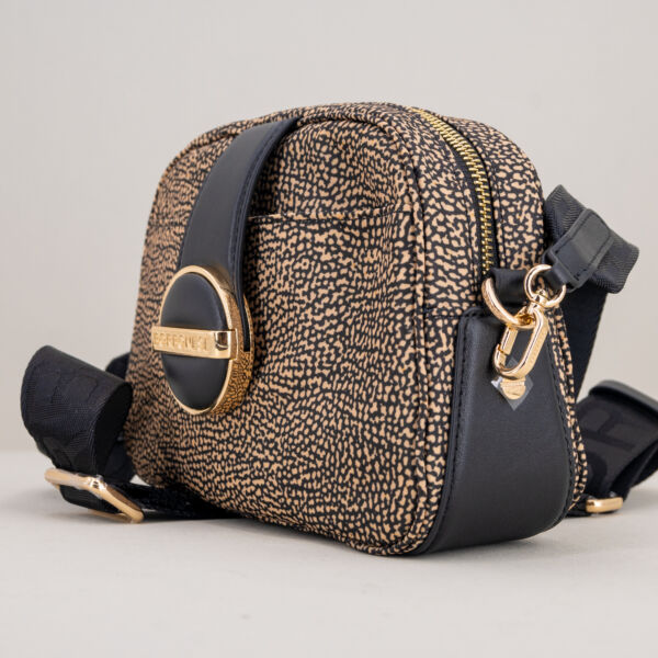 Borbonese borsa tracolla camera case op natural e pelle nera. Tracolla in tessuto regolabile e removibile, borsa dal look elegante.