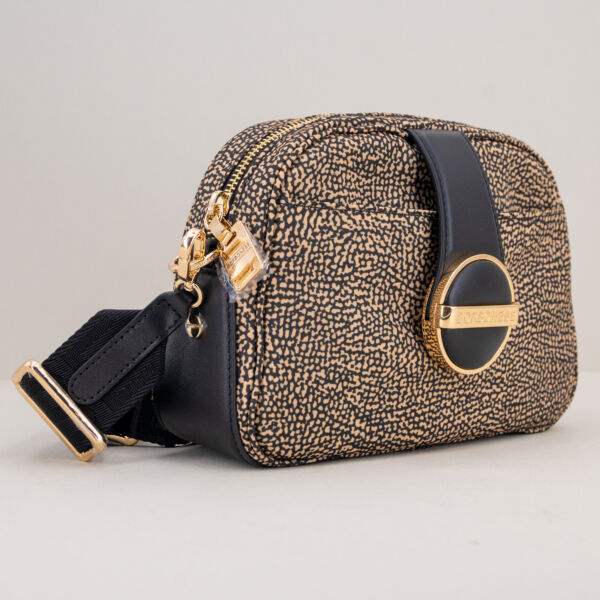 Borbonese borsa tracolla camera case op natural e pelle nera. Tracolla in tessuto regolabile e removibile, borsa dal look elegante.