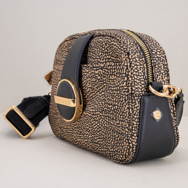 Borbonese borsa tracolla camera case op natural e pelle nera. Tracolla in tessuto regolabile e removibile, borsa dal look elegante.