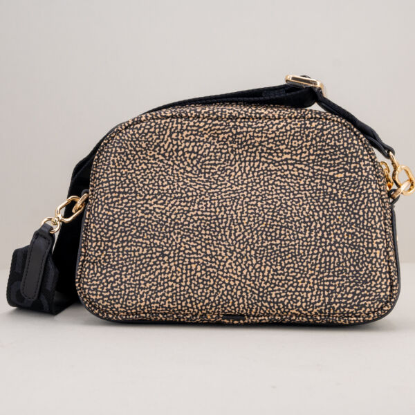Borbonese borsa tracolla camera case op natural e pelle nera. Tracolla in tessuto regolabile e removibile, borsa dal look elegante.