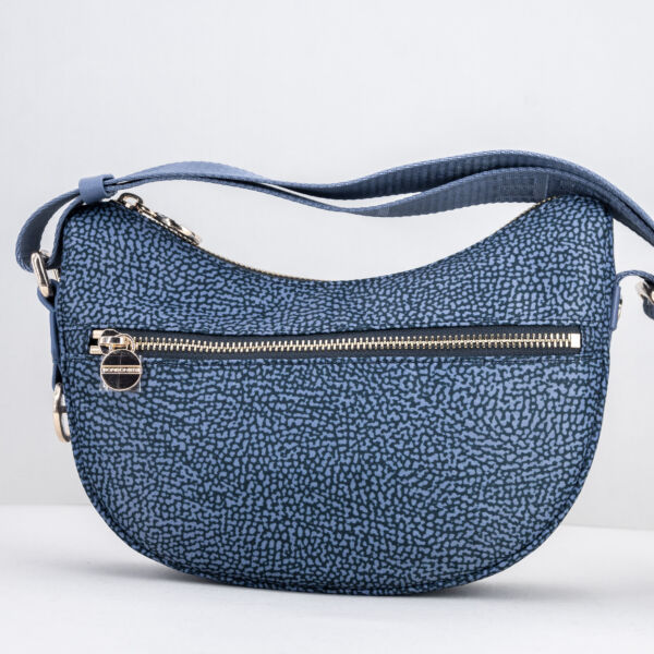 Borbonese mini luna bag denim, mezzaluna borsa donna piccola in nylon colore blu denim con tracolla regolabile
