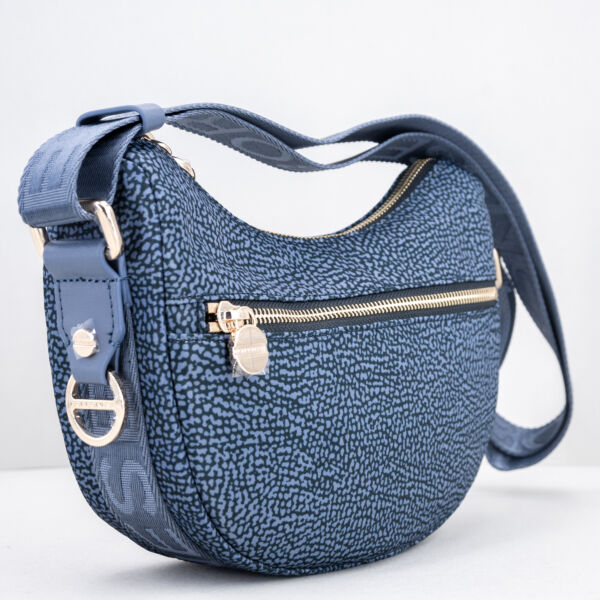 Borbonese mini luna bag denim, mezzaluna borsa donna piccola in nylon colore blu denim con tracolla regolabile