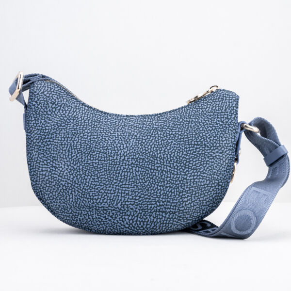 Borbonese mini luna bag denim, mezzaluna borsa donna piccola in nylon colore blu denim con tracolla regolabile
