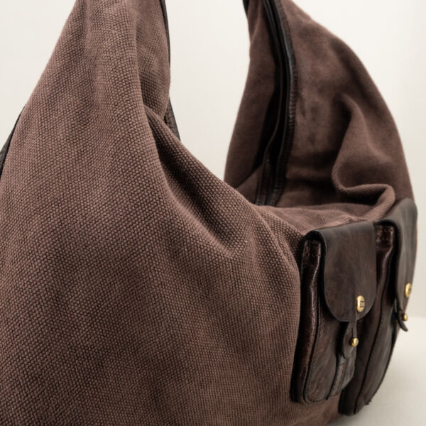 Campomaggi borsa a spalla in canvas marrone, manico robusto in pelle, tasche in pelle esterne. Borsa donna artigianale