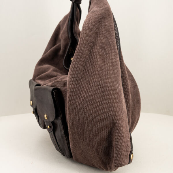 Campomaggi borsa a spalla in canvas marrone, manico robusto in pelle, tasche in pelle esterne. Borsa donna artigianale