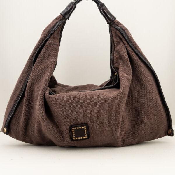 Campomaggi borsa a spalla in canvas marrone, manico robusto in pelle, tasche in pelle esterne. Borsa donna artigianale