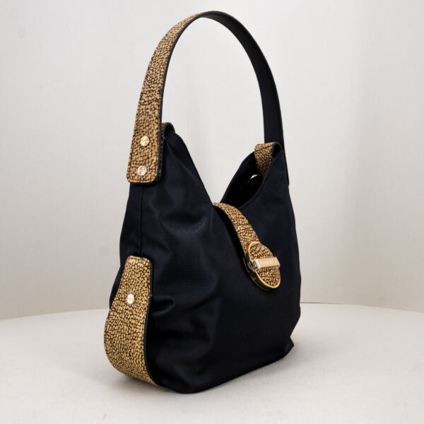 Borbonese borsa a spalla nera con tracolla removibile in tessuto e spallaccio elegante in pelle. Dettagli curati