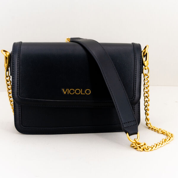Vicolo borsa tracolla nera ecopelle patta, tracolla a catena removibile per uso come mini bag a mano