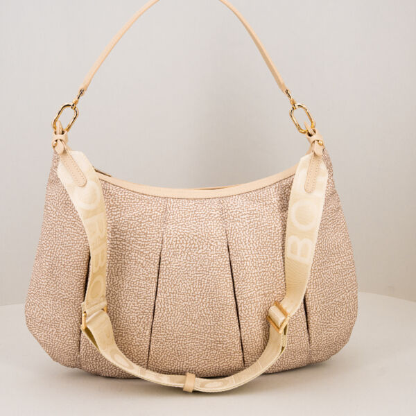 Borbonese borsa tracolla medium sand, in nylon arricciato borsa donna ampia e capiente, tracolla regolabile e removibile e spallaccio in pelle