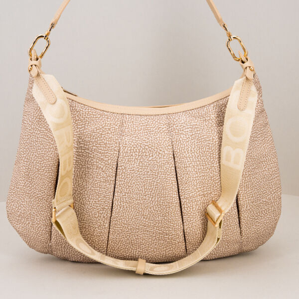 Borbonese borsa tracolla medium sand, in nylon arricciato borsa donna ampia e capiente, tracolla regolabile e removibile e spallaccio in pelle