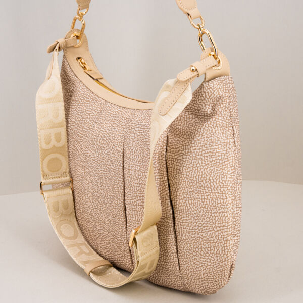 Borbonese borsa tracolla medium sand, in nylon arricciato borsa donna ampia e capiente, tracolla regolabile e removibile e spallaccio in pelle