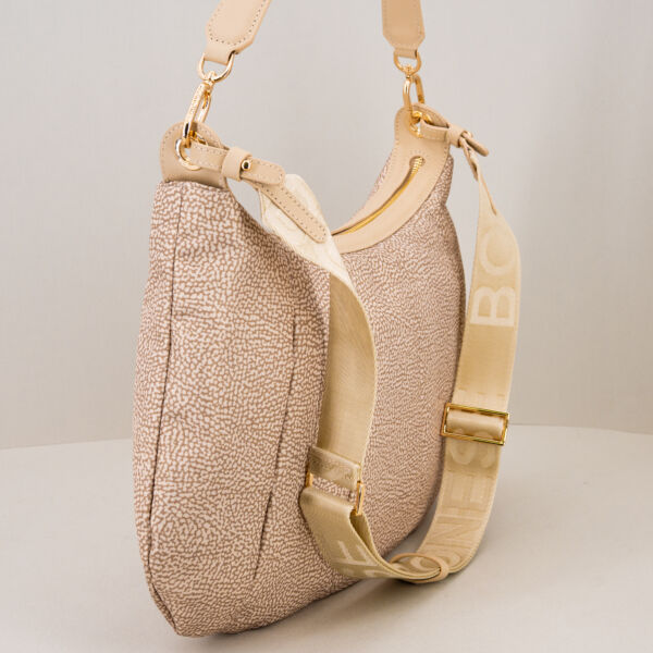 Borbonese borsa tracolla medium sand, in nylon arricciato borsa donna ampia e capiente, tracolla regolabile e removibile e spallaccio in pelle