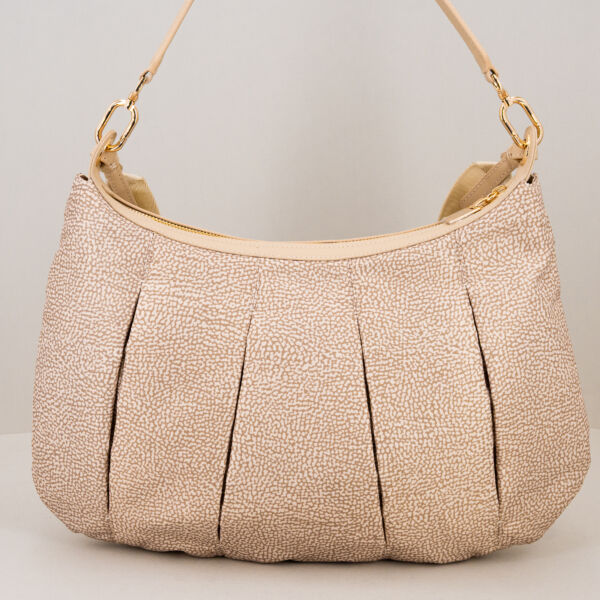 Borbonese borsa tracolla medium sand, in nylon arricciato borsa donna ampia e capiente, tracolla regolabile e removibile e spallaccio in pelle