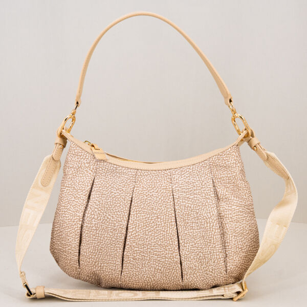 Borbonese Hobo Croissant small sand con tracolla in tessuto e spallaccio in pelle. Ampia e capiente, in nylon.