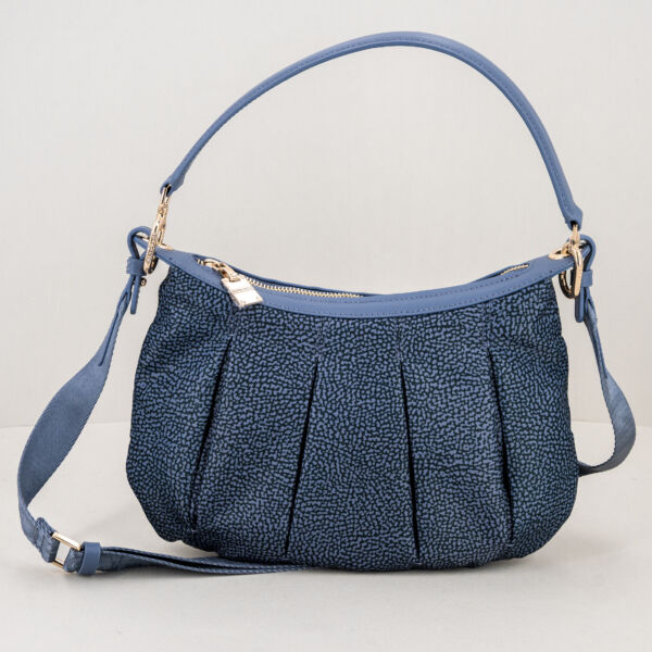 Borbonese Hobo Croissant small denim con tracolla in tessuto e spallaccio in pelle. Ampia e capiente, in nylon.