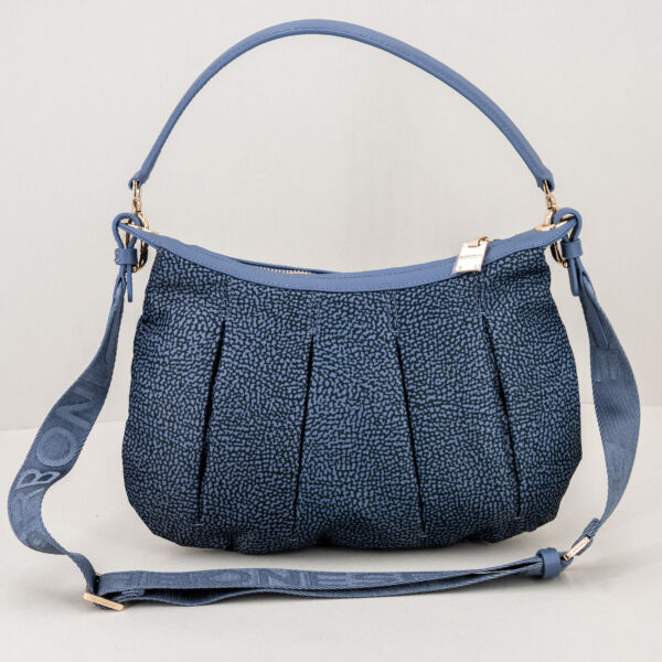 Borbonese Hobo Croissant small denim con tracolla in tessuto e spallaccio in pelle. Ampia e capiente, in nylon.