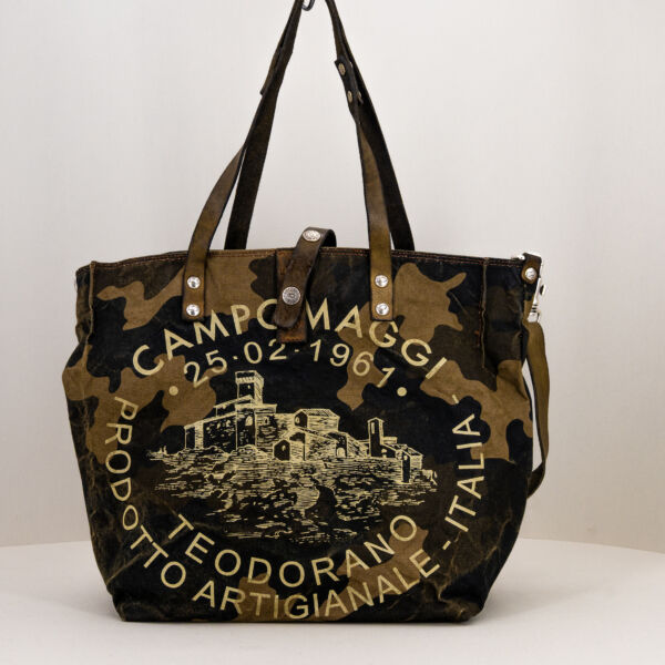 Campomaggi borsa in tela canva camouflage, in tela con finiture in pelle, borsa unisex shopper artigianale italiana