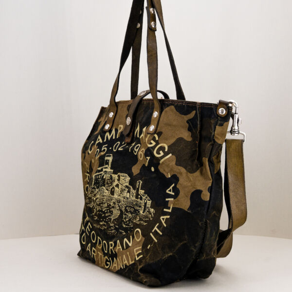 Campomaggi borsa in tela canva camouflage, in tela con finiture in pelle, borsa unisex shopper artigianale italiana