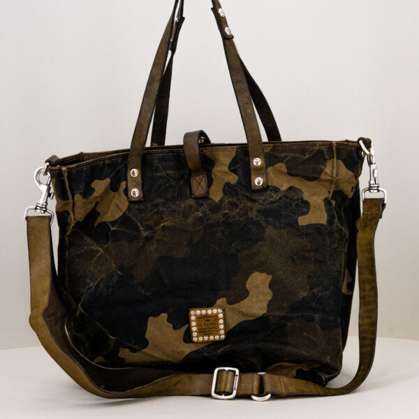 Campomaggi borsa in tela canva camouflage, in tela con finiture in pelle, borsa unisex shopper artigianale italiana