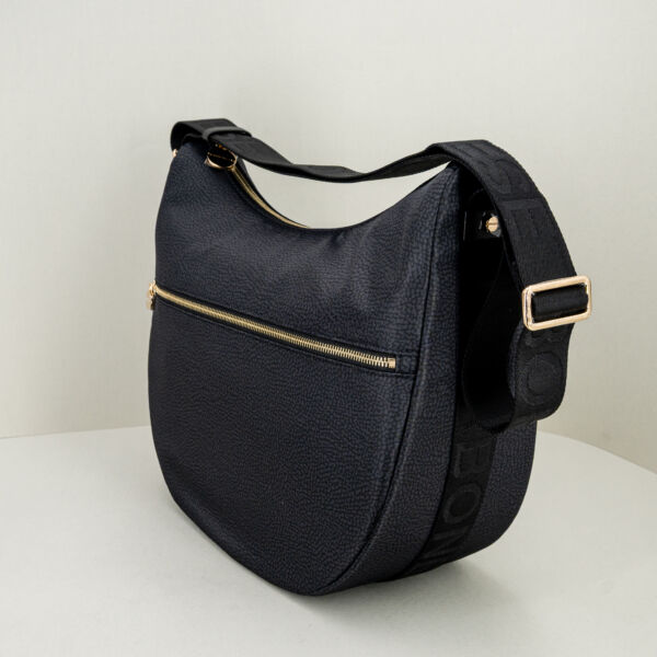Borbonese luna bag medium nera con zip e tracolla regolabile in tessuto. Borsa donna leggera e comoda