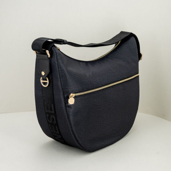 Borbonese luna bag medium nera con zip e tracolla regolabile in tessuto. Borsa donna leggera e comoda
