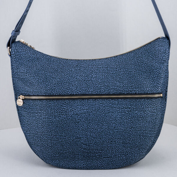 Borbonese luna bag medium denim con tracolla regolabile in tessuto e zip di chiusura. Borsa donna elegante e pratica