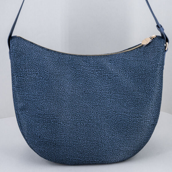 Borbonese luna bag medium denim con tracolla regolabile in tessuto e zip di chiusura. Borsa donna elegante e pratica
