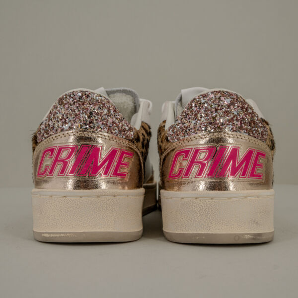 Crime London Chelsea leopard sneaker in pelle bianca da donna con inserti glitter, avorio e leopard.