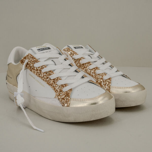 Crime London sk8 platinum sneaker donna in pelle bianca con dettagli platino e glietter dorati.