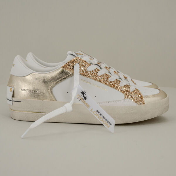 Crime London sk8 platinum sneaker donna in pelle bianca con dettagli platino e glietter dorati.