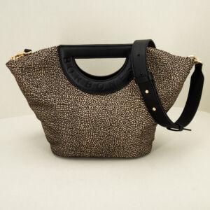 Borbonese borsa shopping tracolla op in pregiata pelle e nylon con manico a mano e tracolla in pelle.