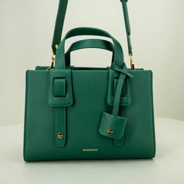 Borbonese borsa bauletto pelle verde borsa donna a mano con tracolla in pelle removibile. Elegante.