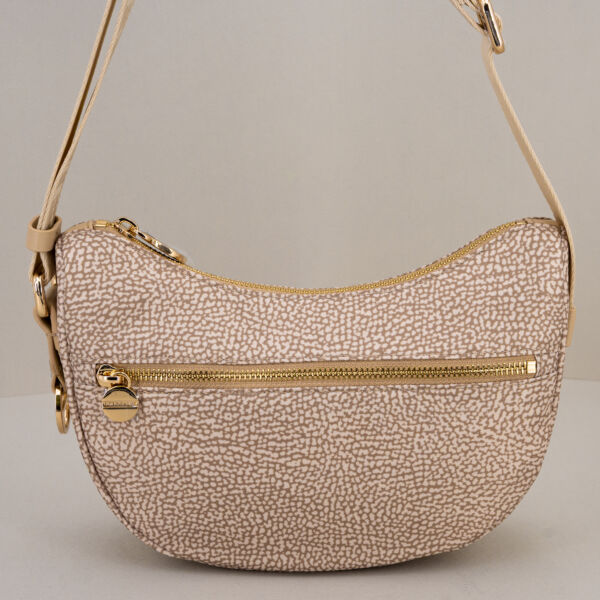 Borbonese mini luna bag sand, borsa donna tracolla piccola comoda colore chiaro