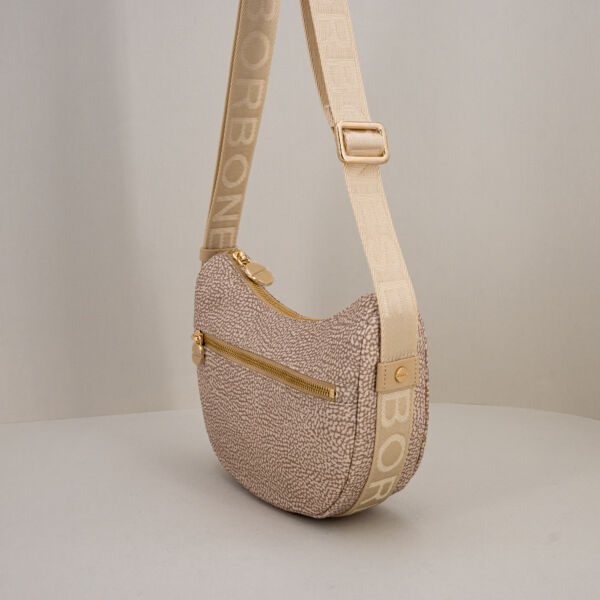 Borbonese mini luna bag sand, borsa donna tracolla piccola comoda colore chiaro