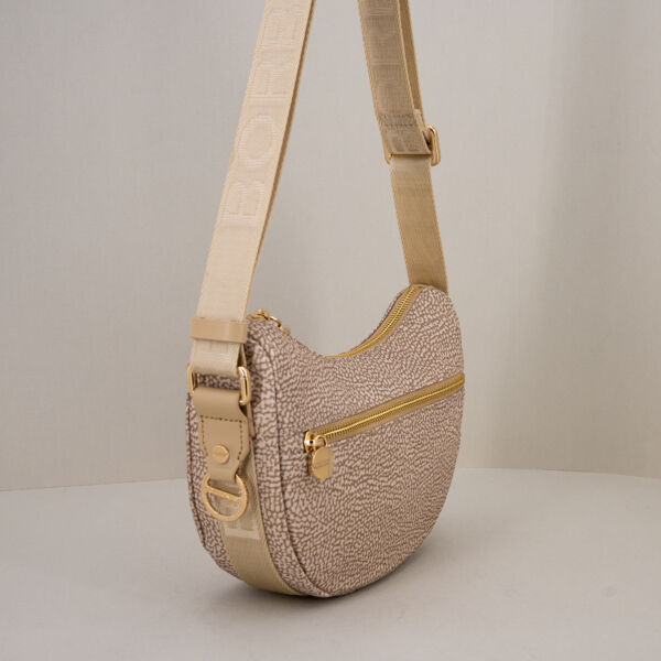 Borbonese mini luna bag sand, borsa donna tracolla piccola comoda colore chiaro