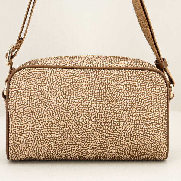 Borbonese camera case tracolla beige in nylon e pregiata pelle, zip superiore e tasca esterna con zip. Tracolla regolabile e removibile.