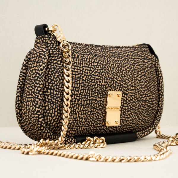 Borbonese mini bag op natural con tracolla a catena removibile e tasca piatta sul retro.