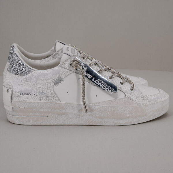 Crime London sk8 shining sneaker donna in pelle bianca con dettagli pelle craklé e lacci in strass argento, scarpa sportiva elegante bianca